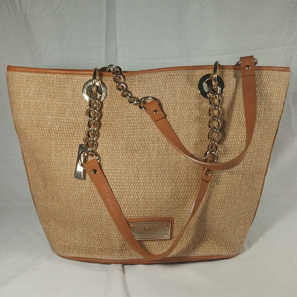 DKNY Straw Satchel Purse Signature Logo - Gold Chain Accents - Woven Fiber